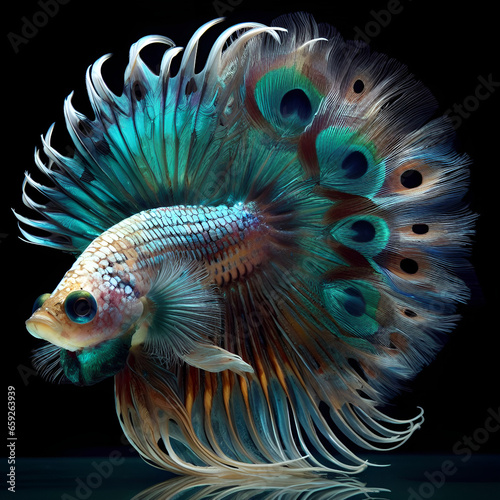 Enchanting Aquatic Symphony, A Majestic Fish Cloaked in the Elegance of Peacock Plumage photo