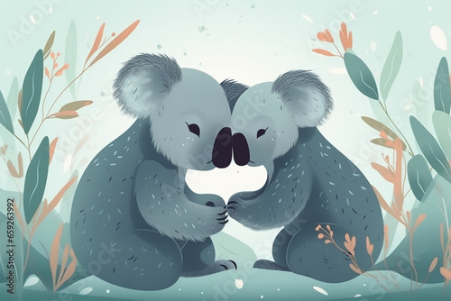 cartoon illustration  a pair of koalas kissing