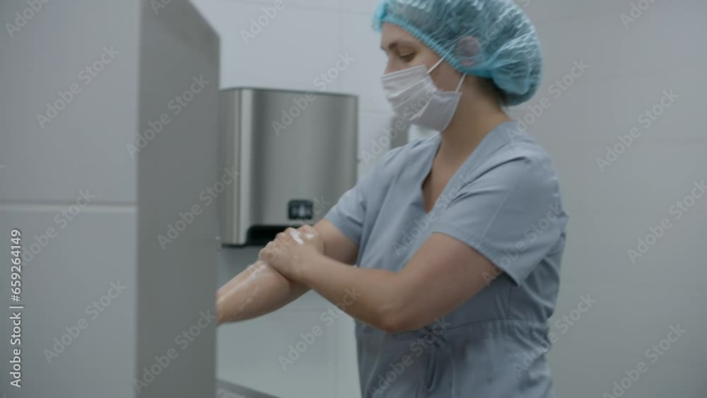 Surgeon in uniform washes hands with soap before surgery. Female nurse