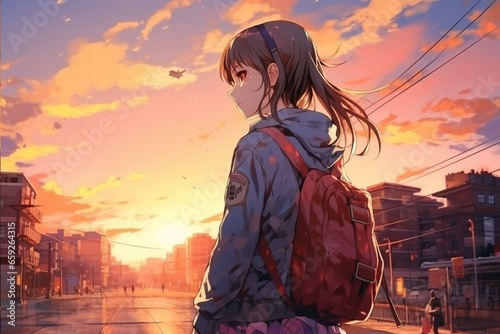 girl with a backpack at sunset 