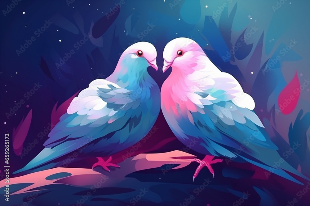 cartoon illustration, a pair of doves kissing