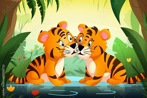 cartoon illustration  a pair of tigers kissing