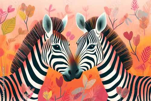 cartoon illustration, a pair of zebras kissing