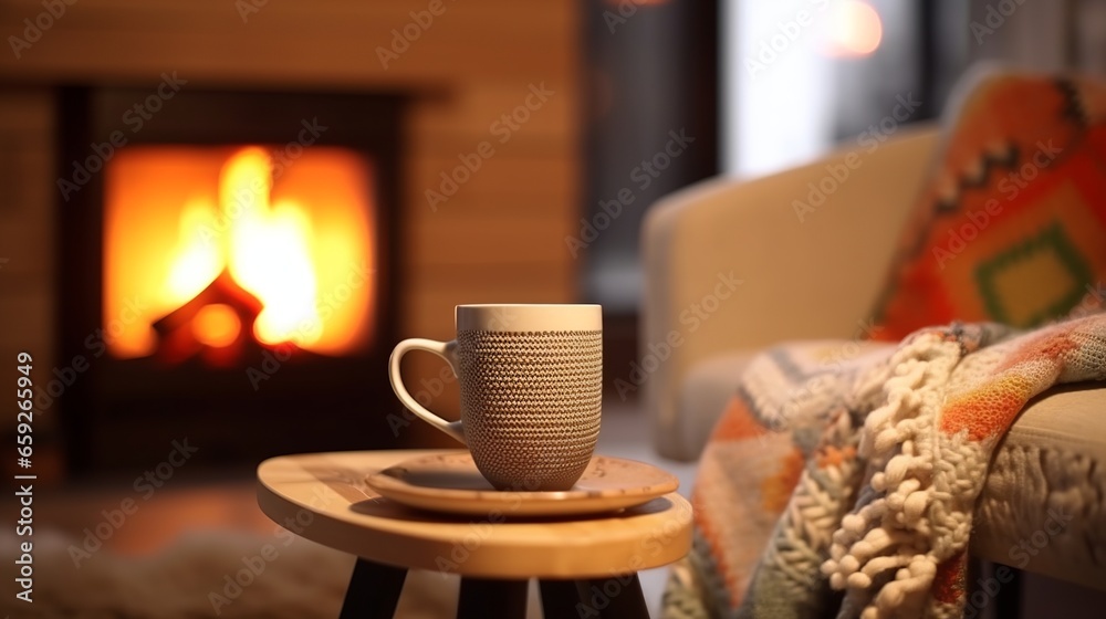 Mug with hot tea standing on a chair with woolen blanket
