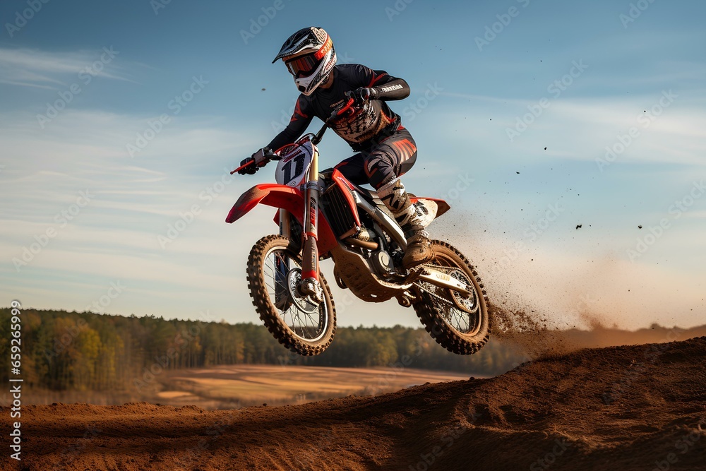A rider performing an impressive jump on a motocross bike. a professional rider who rides a motorcycle and runs hard off-road. generative AI A rider performing an impressive jump on a motocross bike. a professional rider who rides a motorcycle and runs hard off-road. generative AI
