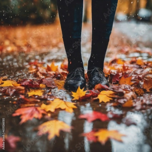 The girl s boots were borrowed in the rain  and the wet ground was full of maple leaves.