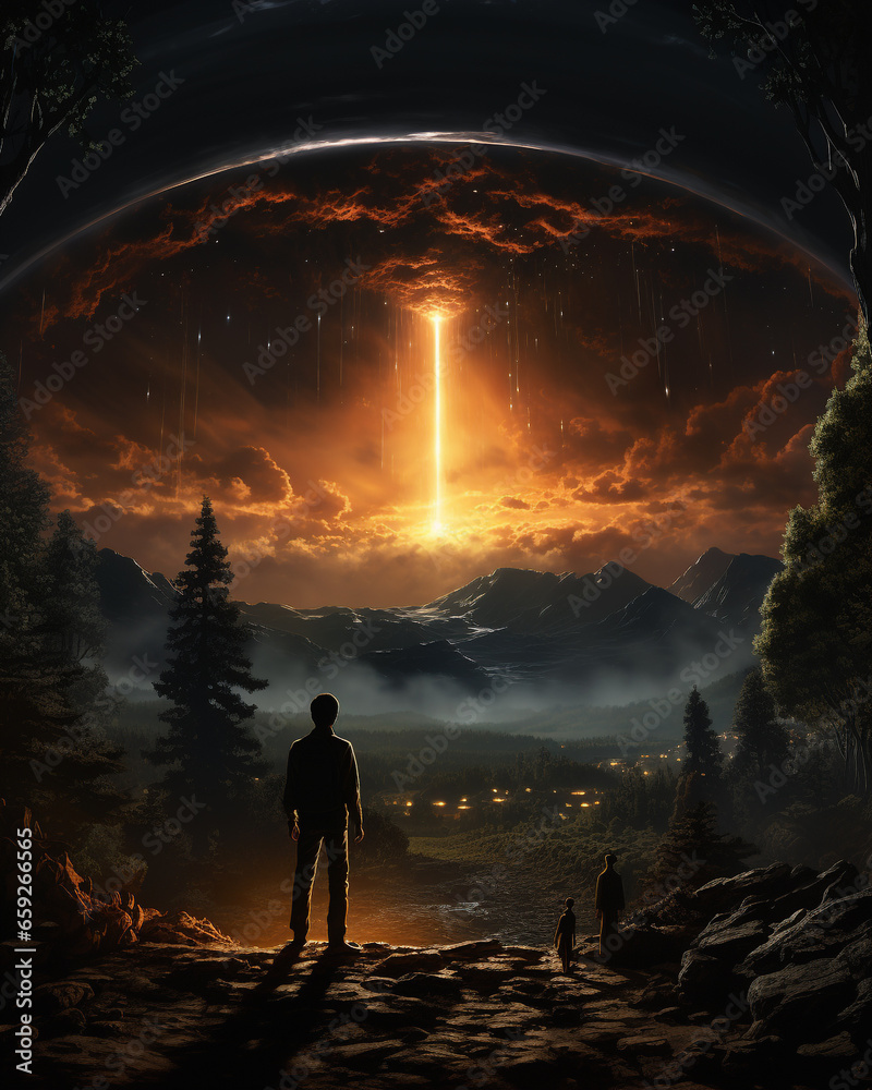 Illustration of a man and his family watching a UFO emerge from a dramatic atmosphere