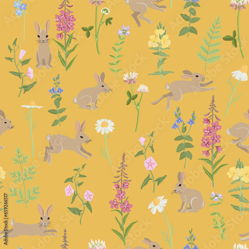 vector drawing seamless pattern with rabbits and flowers, hand drawn animals and plants , cartoon background for children textile or wallpaper