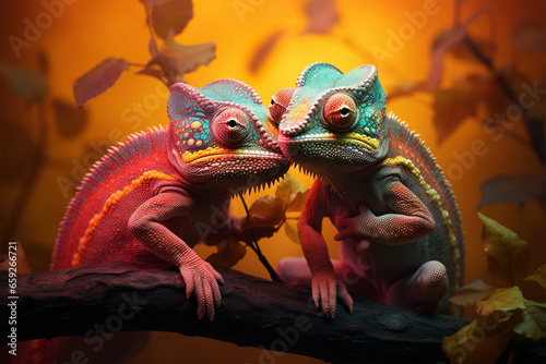 a pair of chameleons kissing