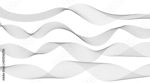 Lines for the background. Black stripes on a white background. Set of wavy lines. Multiple line waves. Creative line art. Grey waves with lines. Vector waves set. Curved wavy line, smooth stripe.