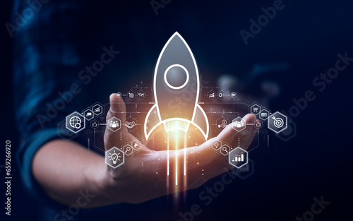 Startup business concept, rocket is launching and flying from hand to sky for growing business, fast business success. startup founder, network connection, idea generation, digital marketing photo