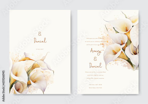 Beautiful white water lily floral invitation card template. Elegant watercolor wedding invitation card set