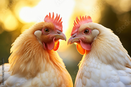 a pair of chickens are kissing