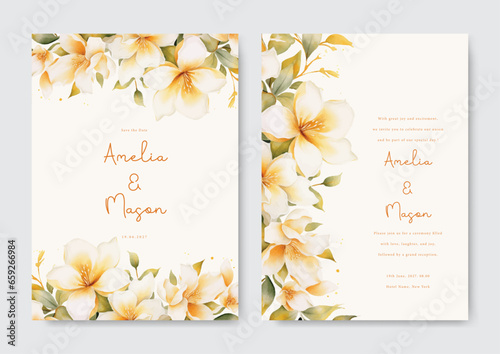 Wedding invitation card with white frangipani floral. Hand painting wedding invitation background