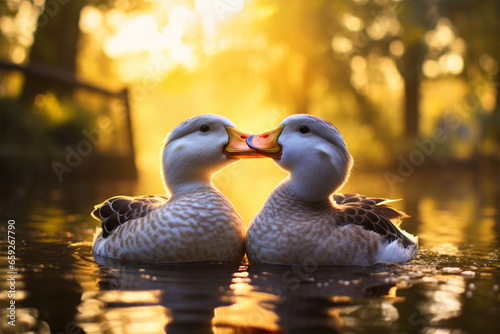 a pair of ducks are kissing