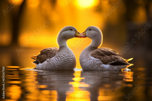 a pair of ducks are kissing photo