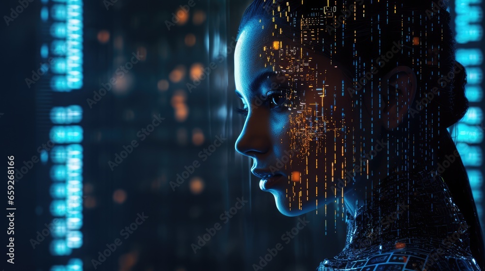 A humanoid robot, ai, artificial intelligence is thinking or analyzing data with glowing code structure floating in the head - obrazy, fototapety, plakaty 