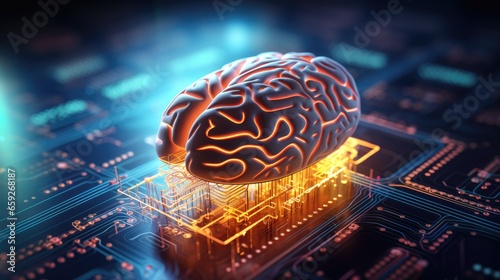Brain integrated into a cpu on a circuit board, brain processor. Ai, aritificial intelligence, biocomputing, biocomputer concepts.