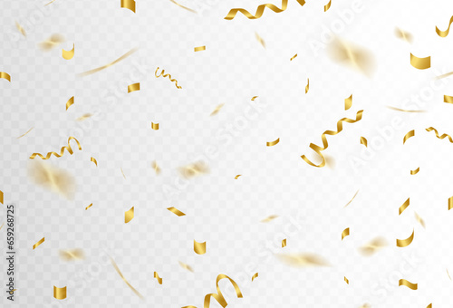 Confetti explosion on a transparent background. Shiny shiny golden paper pieces fly and spread around. vector illustration
