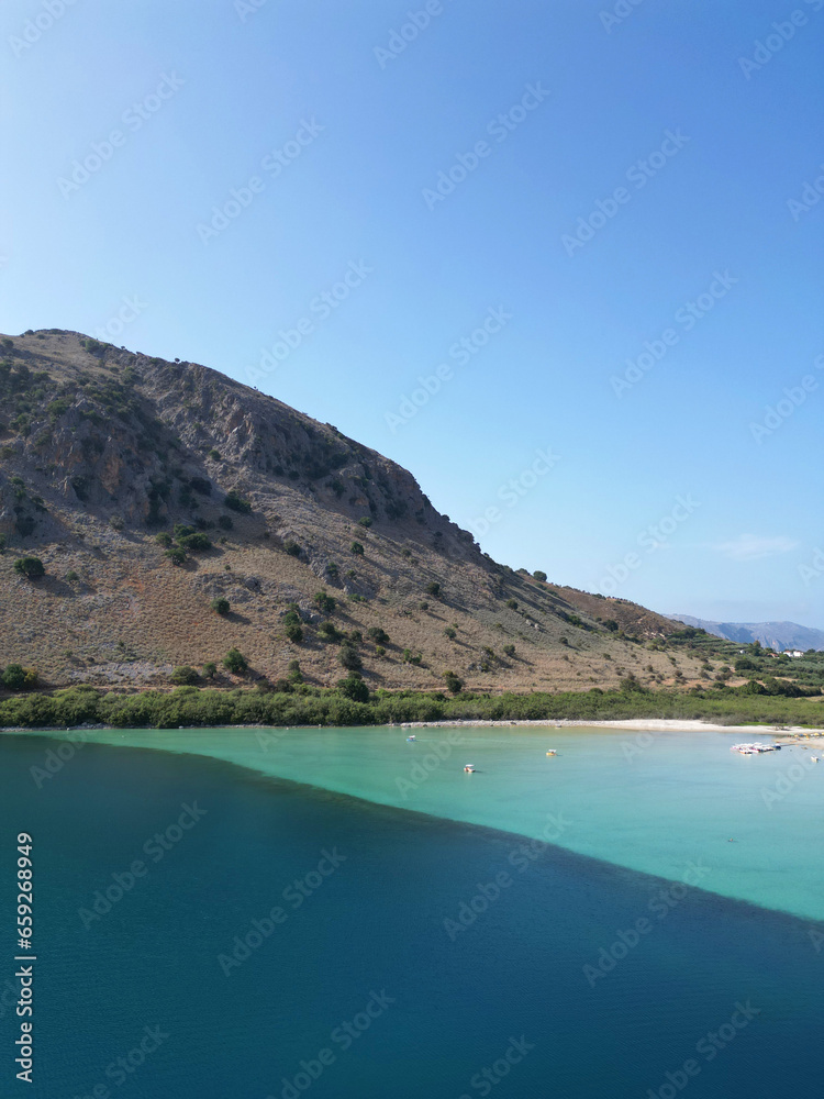 Aerial view of beautiful beach in Lake Kournas, crete, Greece