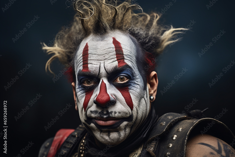"Portrait of a Juggalo in Detailed Makeup: Authentic Representation of Insane Clown Posse Fan Culture, Perfect for Halloween, Events, and Music Enthusiasts - obrazy, fototapety, plakaty 