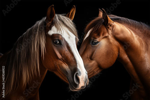 a pair of horses are kissing