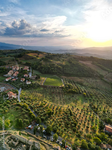 Aerial view of sunset in vineyards in Tuscany  Italy