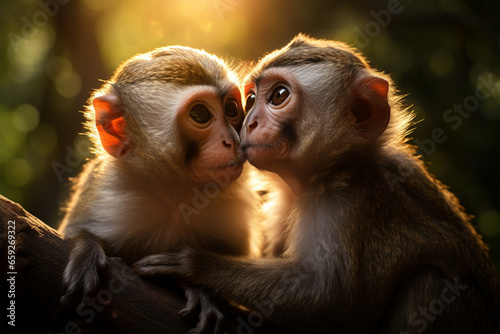 a pair of monkeys are kissing