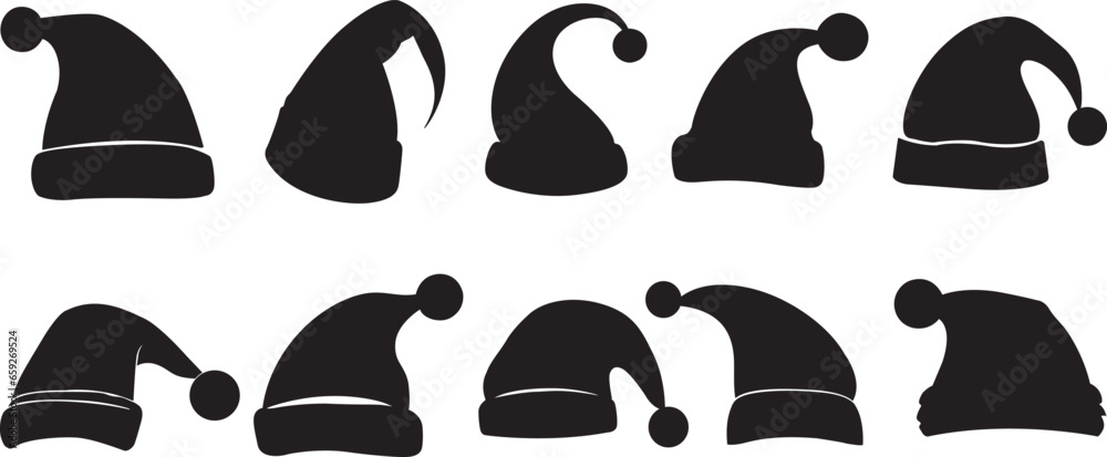 Santa hat silhouettes set. Santa hat icons set. Vector illustration Santa hat silhouettes set. Santa hat icons set. Vector illustration