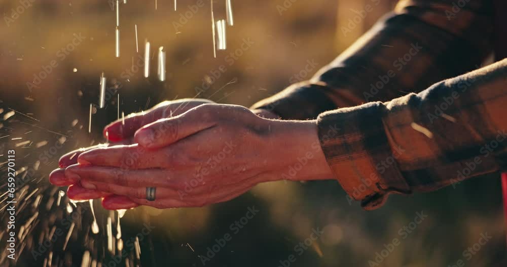 Cleaning, hands and farmer outdoor with water for washing dirt, soil or dust on person with sanitary hygiene in agriculture. Hand, clean and man cleanse skin of bacteria, germs or pesticides