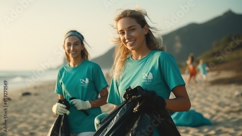 Volunteers collects garbage cleaning on the beach, protecting the planet and ocean pollution, earth day concept.