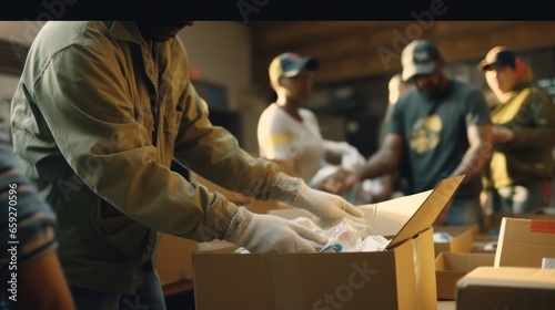 Team of volunteers working in charity donation center to the victims, humanitarian concept.