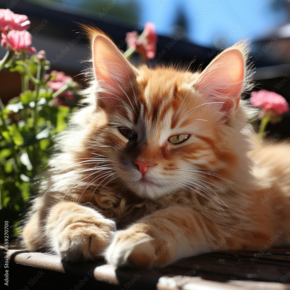 Obraz premium Serene Orange Cat Amidst Blooming Pink Flowers,Sleepy cat, spring flowers and kittens
