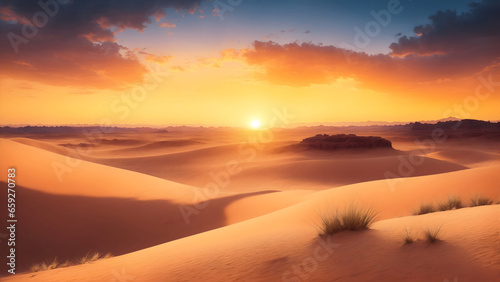 A dramatic sunset over a rugged desert landscape. ai generative .