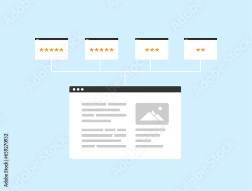 Referring Domains - external website that refers to site with backlinks. Boosts website SEO rankings and drives more traffic. Domain Authority and Rating, Website Popularity Rank vector illustration