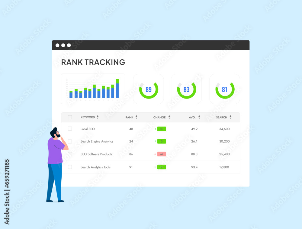 SEO Rank Tracking - monitor positions of keywords, domains, check website rankings, analyze SERPs and audit website. Rank tracker vector isolated illustration on blue background with icons - obrazy, fototapety, plakaty 