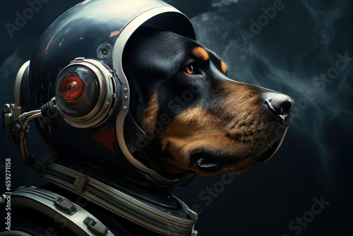 Cosmonaut dog in space suit and helmet dreams of interstellar journeys. Creative concept with AI Generative touch transforms this fantasy into reality. © Alisa