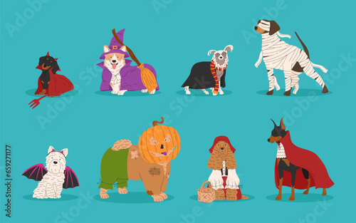 Fototapeta Naklejka Na Ścianę i Meble -  Cute dogs in different Halloween costume. Witch, mummy, vampire, pirate, bat, little girl and scarecrow. Happy Halloween vector illustration. Ideal for holiday cards, decorations, invitations and