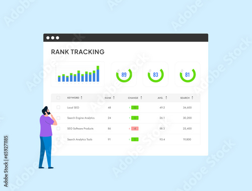 SEO Rank Tracking - monitor positions of keywords, domains, check website rankings, analyze SERPs and audit website. Rank tracker vector isolated illustration on blue background with icons