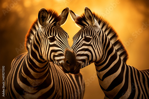 a pair of zebras kissing