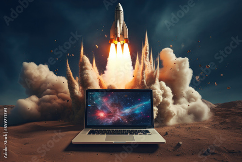 Digital liftoff Space rocket shuttle launches from laptop, symbolizing modern advancement. AI Generative touch adds imaginative power to this concept.