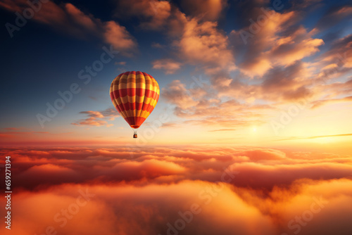 Hot air balloon in the sunset evening sky with clouds © hdesert