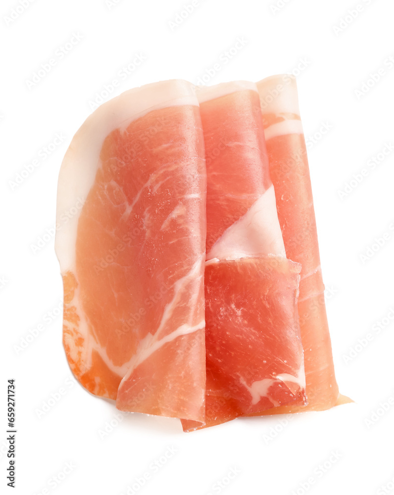 Slices of tasty prosciutto on white background