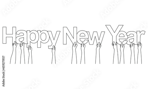 Hands holding letters as the words of Happy New Year line art vector.
