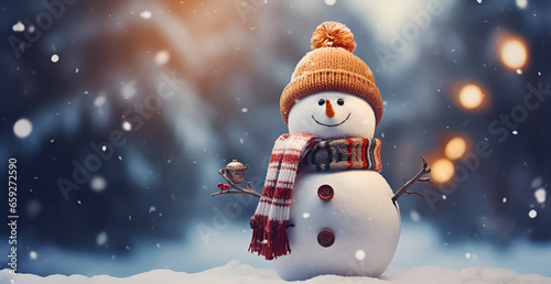 snowman on the snow, Merry christmas concept card illustration of a snowman with a bokeh lights background © saeed
