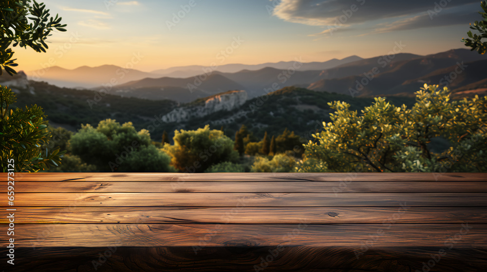Wooden floor surface made of natural boards against the backdrop of forest and mountain nature - obrazy, fototapety, plakaty 
