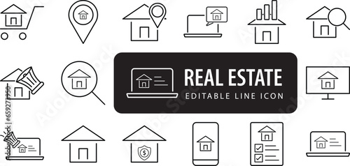 Real Estate set of web icons in line style. Realty icons for web and mobile app. Purchase and sale of housing, property, rental premises, insurance, realty, home loan Editable and Modern Design Icon.