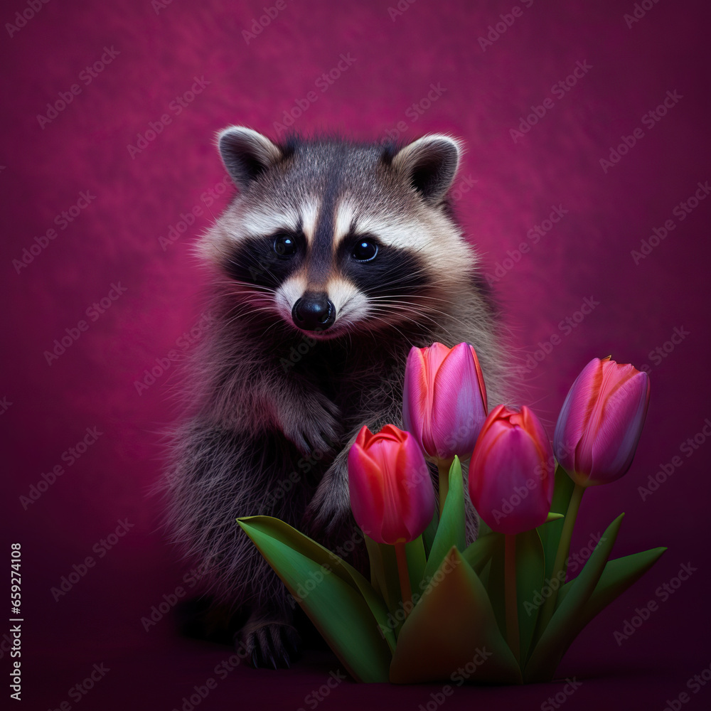Adorable Raccoon Amidst a Vibrant Floral Bloom Adorable Raccoon Amidst a Vibrant Floral Bloom
