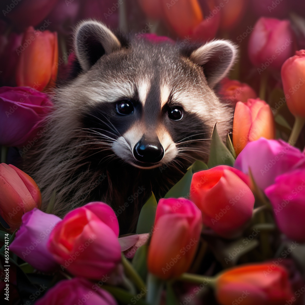 Obraz premium Adorable Raccoon Amidst a Vibrant Floral Bloom
