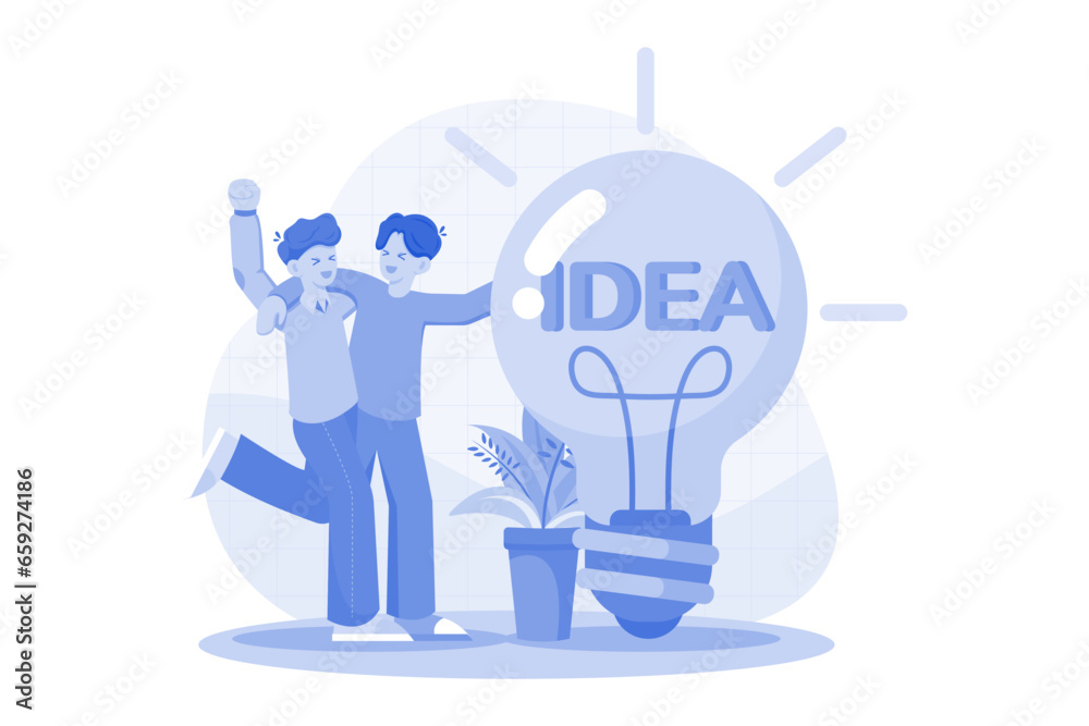 Fototapeta premium Two Guys Came Up With An Idea By Pointing At A Big Light Bulb